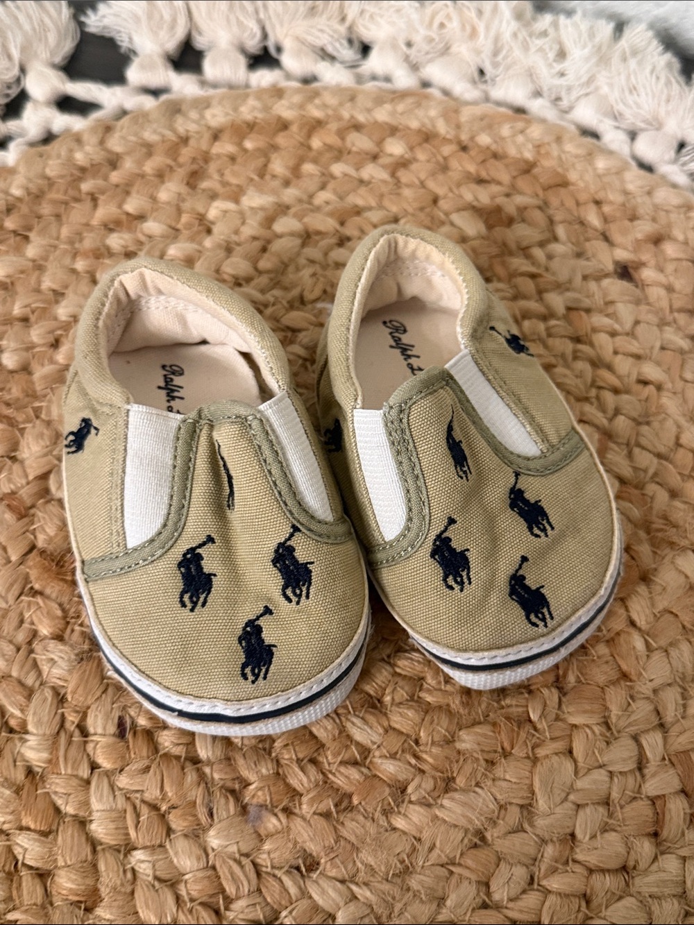 Ralph Lauren Bal Harbour Repeat Khaki Canvas Infant Slip-On Sneakers Size 2 - Picture 3 of 11